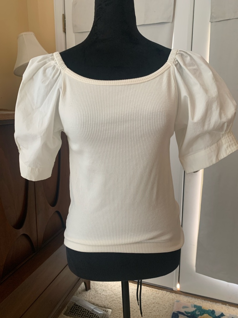 J. Crew Cream Ribbed Puff-Sleeve Square Neck Top